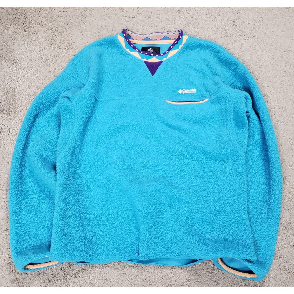 Columbia Wapitoo Aztec Crewneck Fleece Pullover Men Small Teal Purple Outdoors